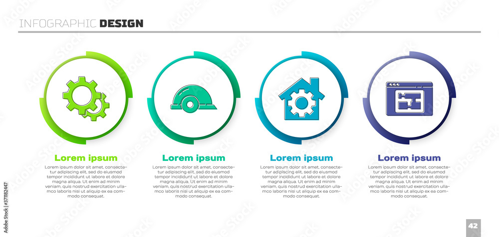 设置装备，工人安全帽，带装备的房子和房子计划。商业信息图模板。Vecto