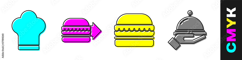设置厨师帽，在线订购汉堡配送，汉堡和覆盖一托盘食物图标。矢量。