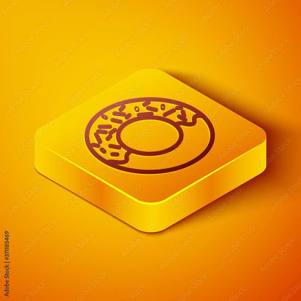 Isometric line Donut with sweet glaze icon isolated on orange background. Yellow square button. Vect