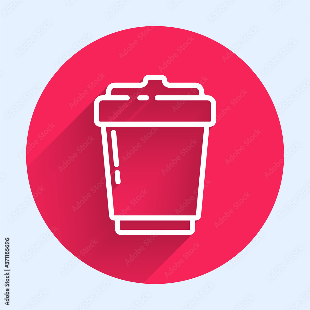 White line Coffee cup to go icon isolated with long shadow. Red circle button. Vector Illustration.