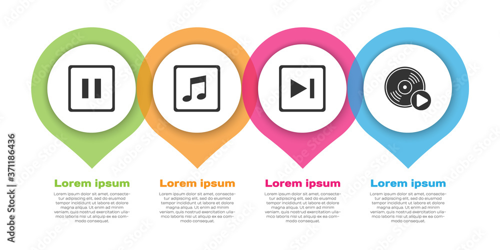 设置暂停按钮、音乐备忘、音调、快进和乙烯基光盘。商业信息图模板。Vect