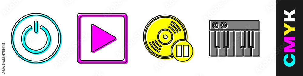 设置电源按钮，方形播放，乙烯基磁盘和音乐合成器图标。矢量。