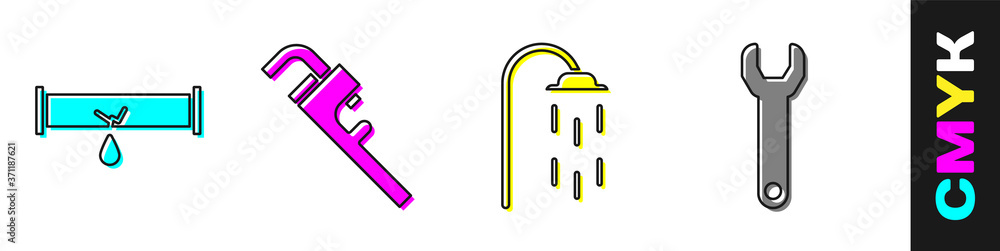 Set Broken pipe with leaking water, Pipe adjustable wrench, Shower and Wrench spanner icon. Vector.