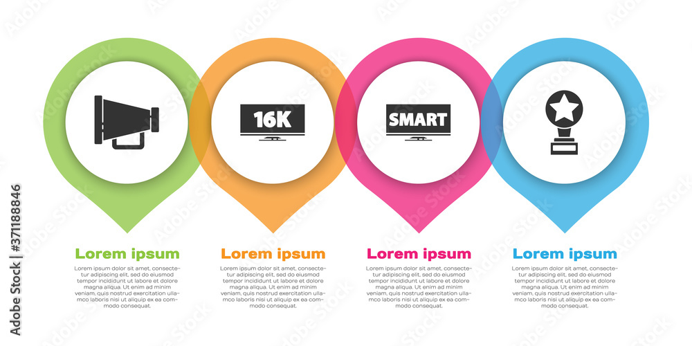 设置扩音器，16k屏幕电视，智能视频和电影奖杯屏幕电视。商业信息图