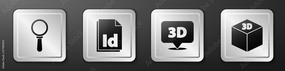 设置放大镜，ID文件文档，带文本3D和等轴测立方体图标的语音气泡。银色s