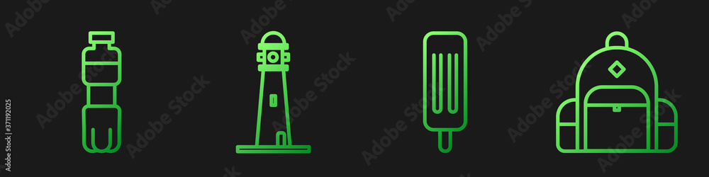 Set line Ice cream, Bottle of water, Lighthouse and Hiking backpack. Gradient color icons. Vector.