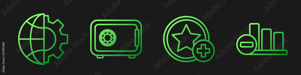 Set line Star, Globe of the Earth and gear, Safe and Pie chart infographic. Gradient color icons. Ve