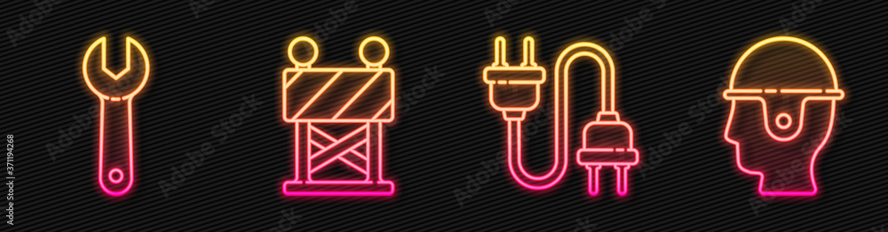 Set line Electric plug, Wrench spanner, Road barrier and Worker safety helmet. Glowing neon icon. Ve