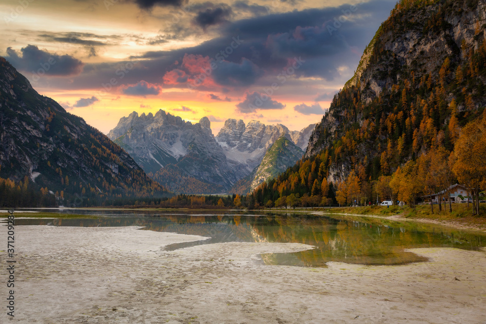 Monte Cristallo Mountains in Dolomites at sunrise, South Tyrol. Italy