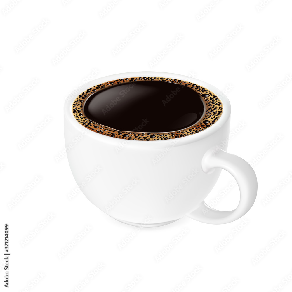 Black coffee with foam, in white cup and saucer, top view, vector drink.