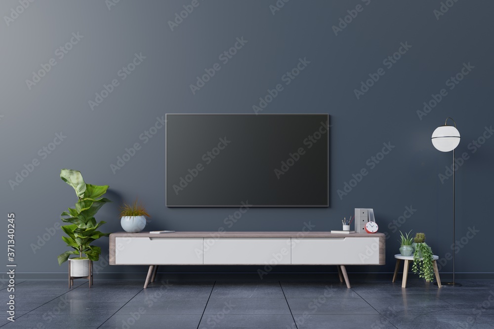 LED TV on the dark wall in living room,minimal design.