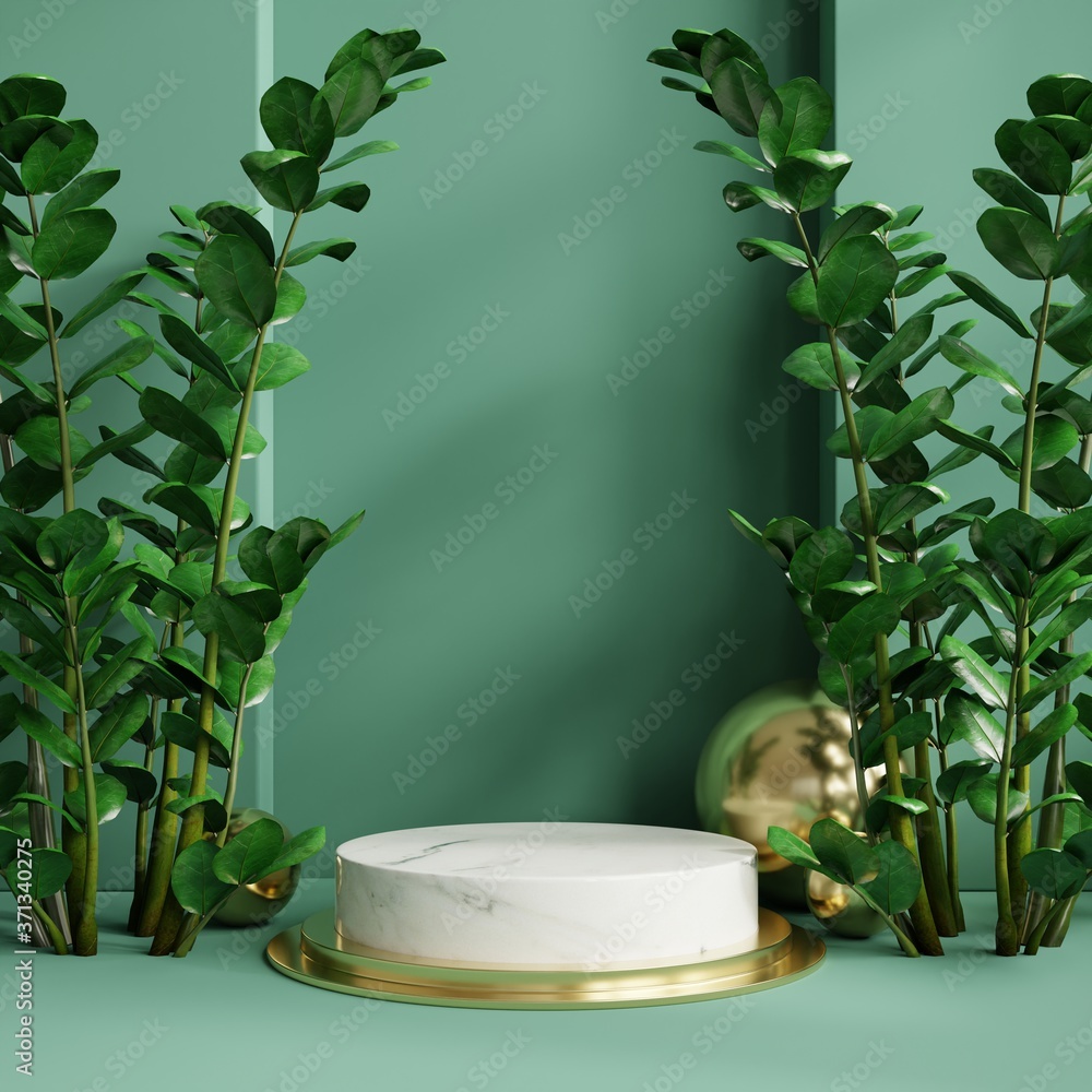 Podium display with Tropical leaf background,wall green.