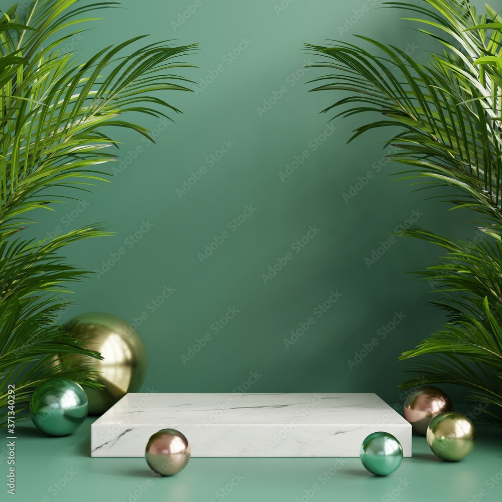 Podium display with Tropical leaf background,wall green.