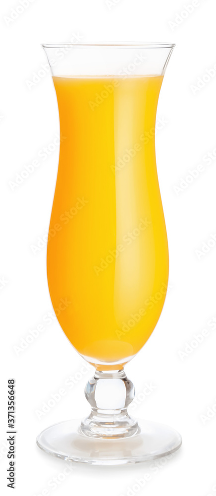 Glass of fresh orange juice on white background