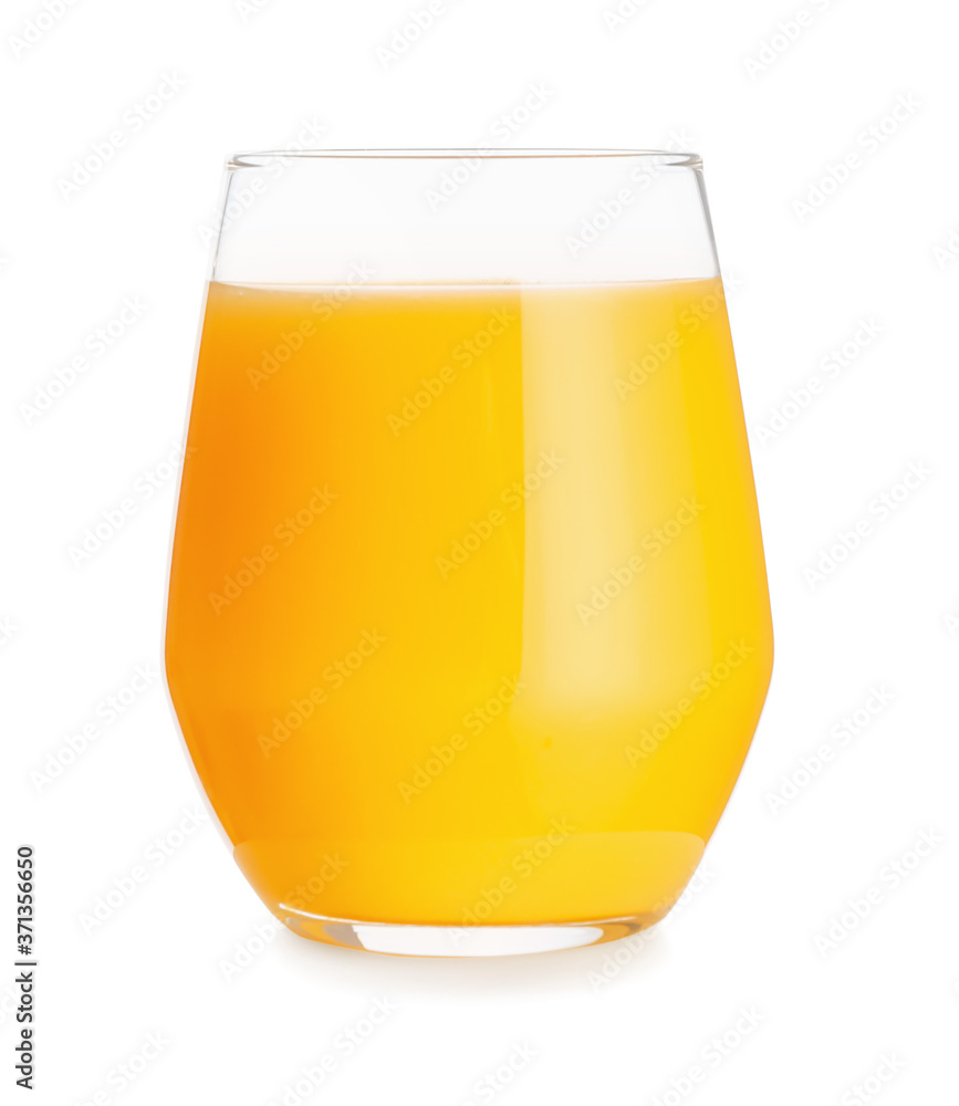 Glass of fresh orange juice on white background