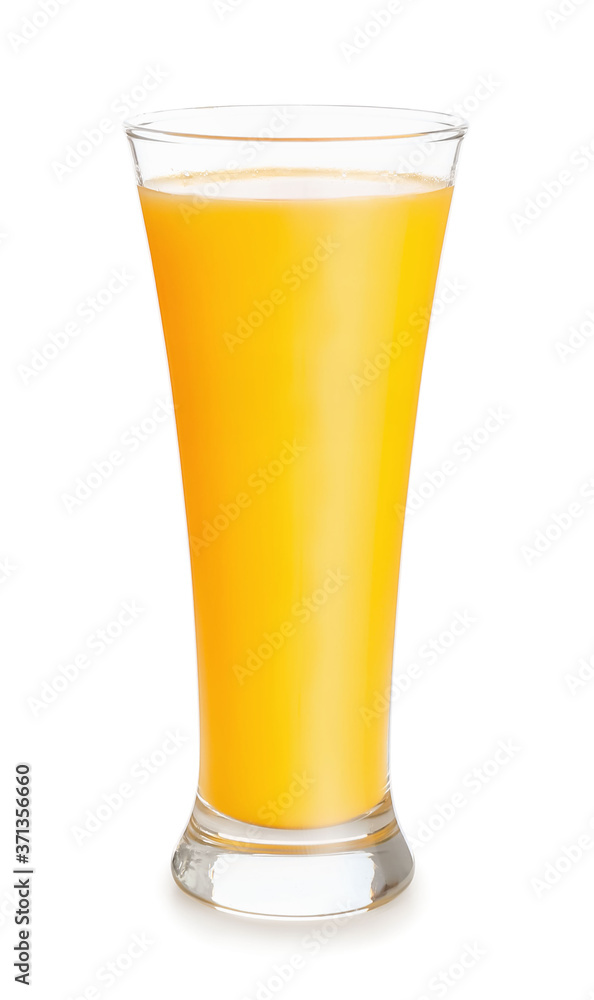 Glass of fresh orange juice on white background