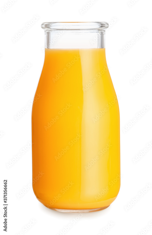 Bottle of fresh orange juice on white background