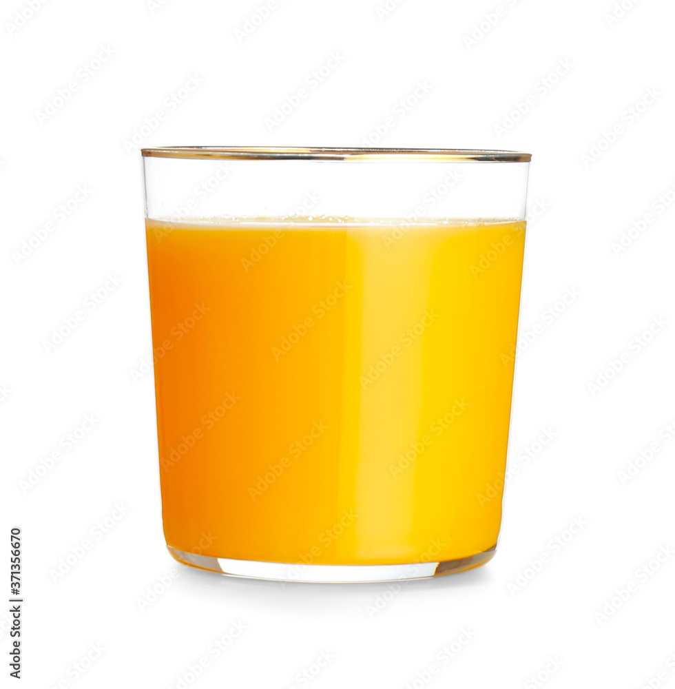 Glass of fresh orange juice on white background