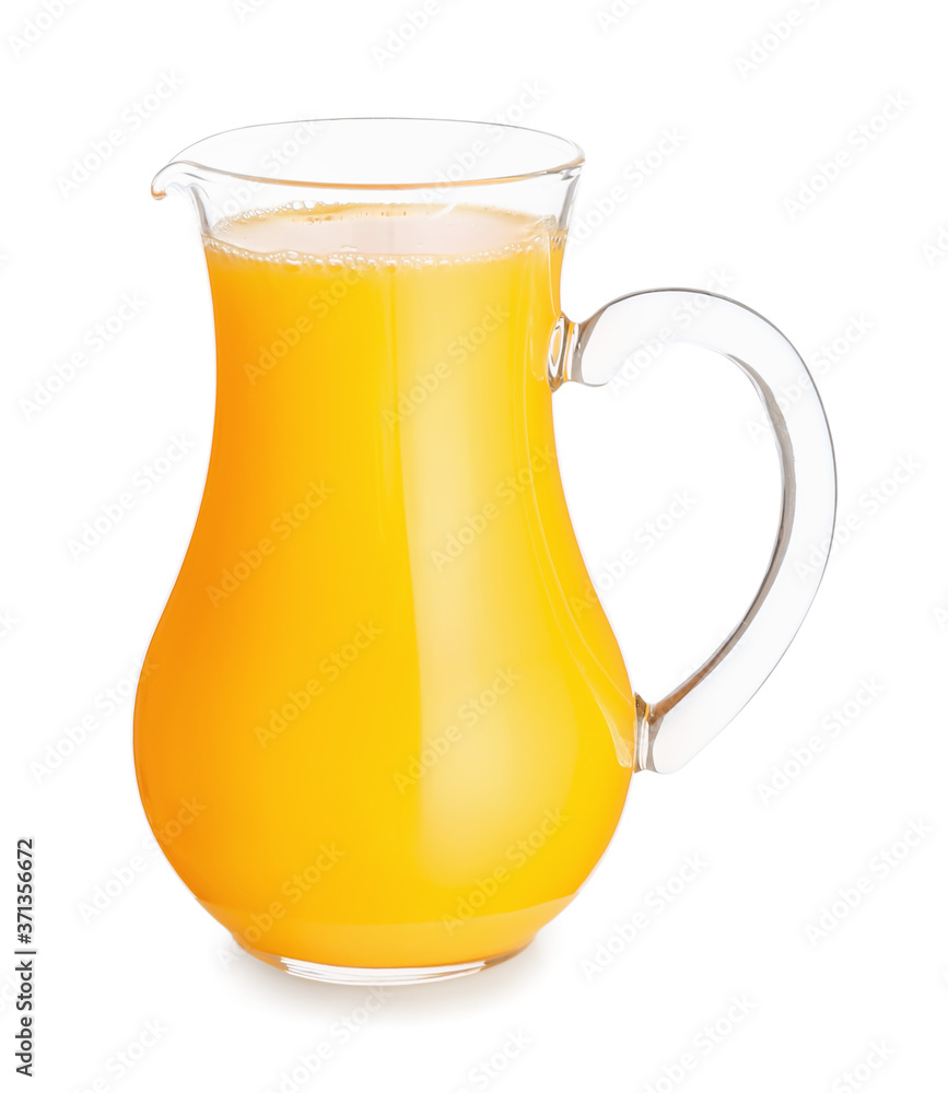 Jug of fresh orange juice on white background