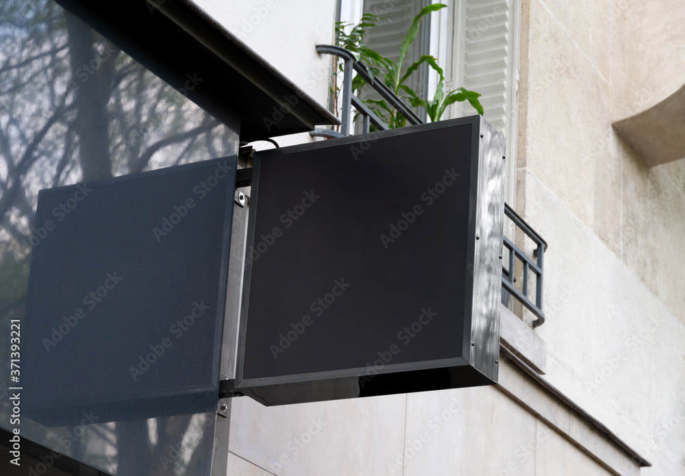 Store brand sign board mockup. Empty squared shop frontage in street