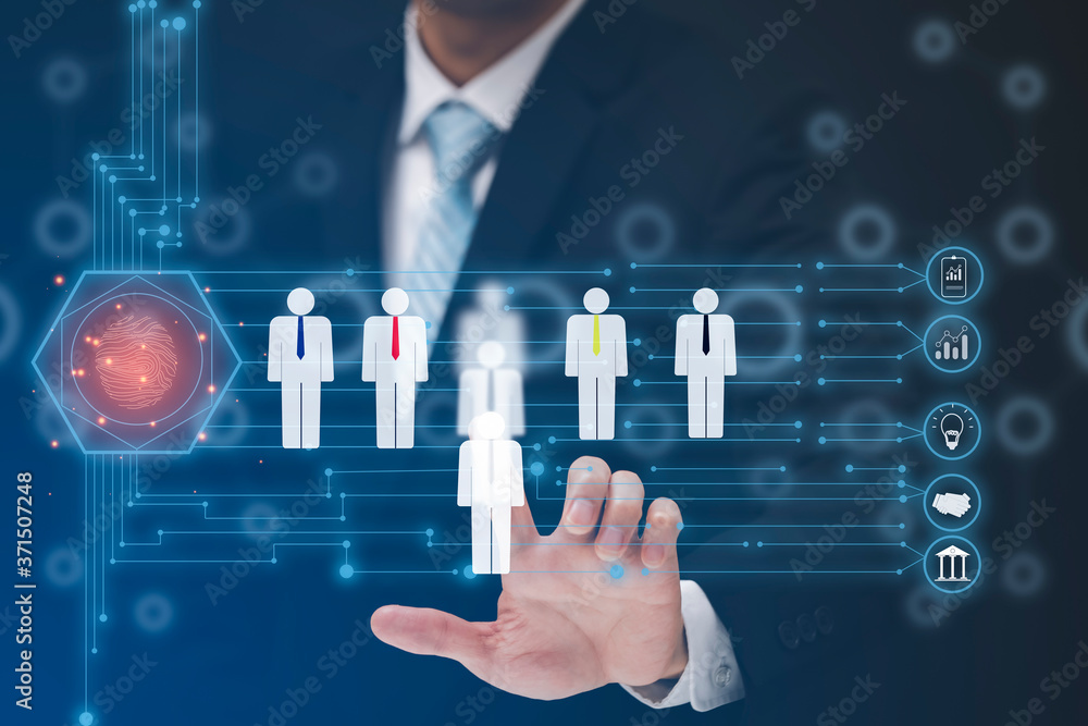 Businessman touching  line people network and line control in graph Screen Icon of a media screen, B