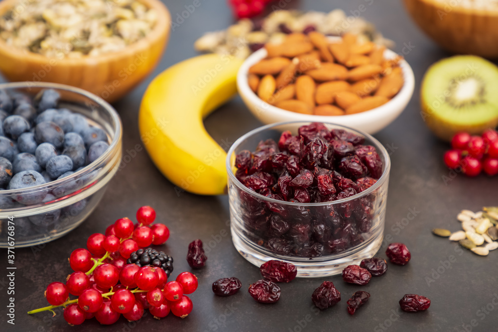 Group Fruits Breakfast with bread Whole grains and nuts, yogurt mix with Cherry , banana, avocado in