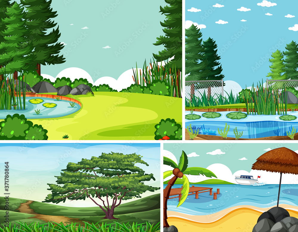 Four different scenes in nature setting cartoon style