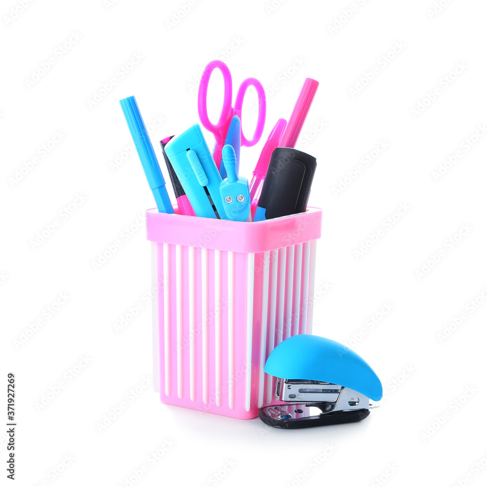 Set of school stationery on white background