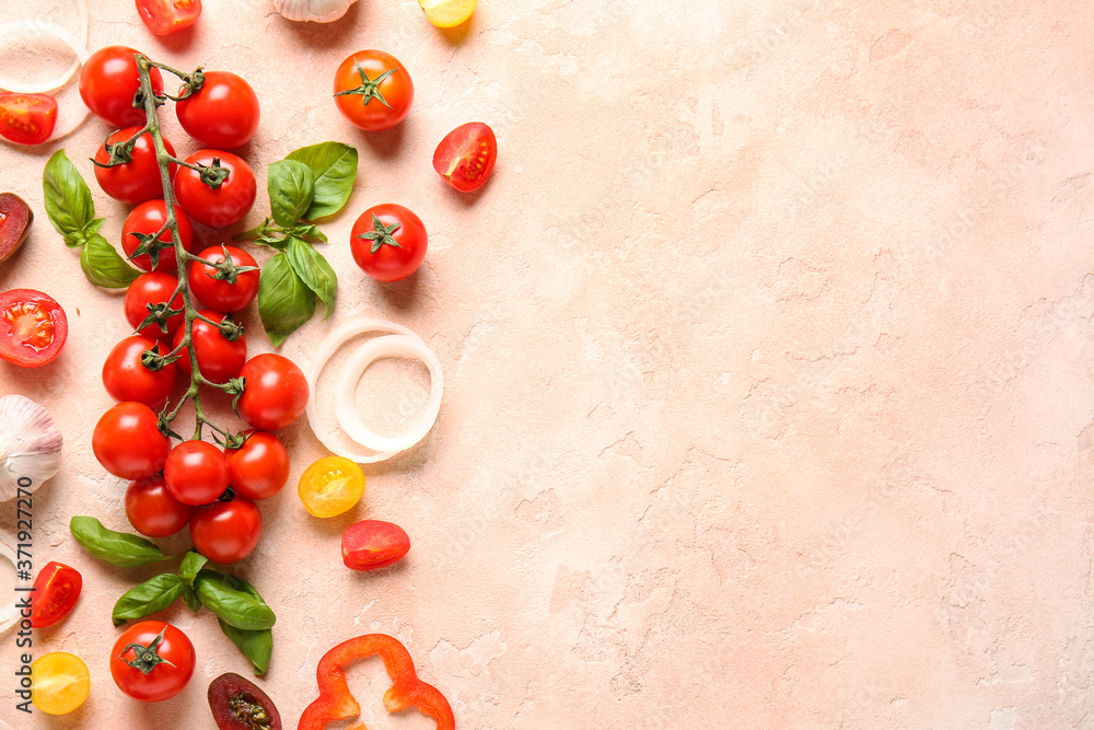 Composition with fresh cherry tomatoes, herbs and spices on color background