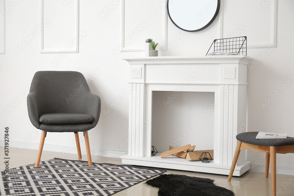 Interior of modern room with fireplace