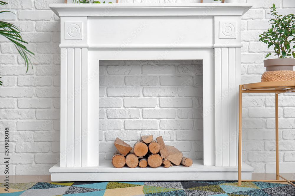 Interior of modern room with fireplace