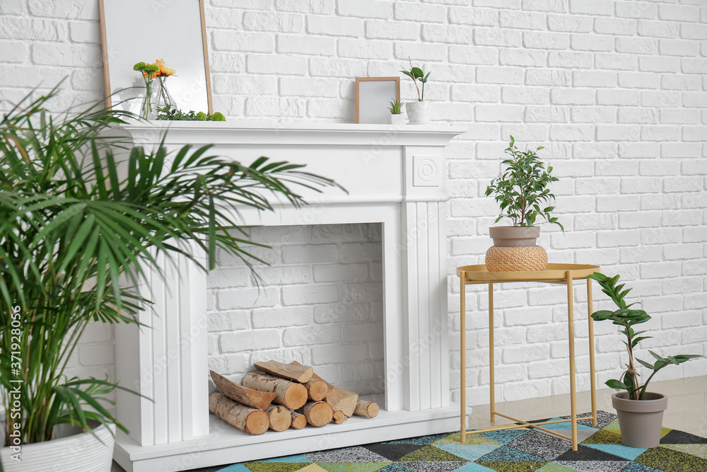 Interior of modern room with fireplace