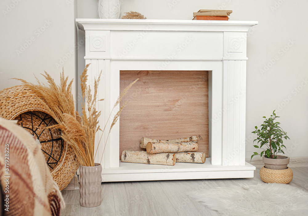 Interior of modern room with fireplace