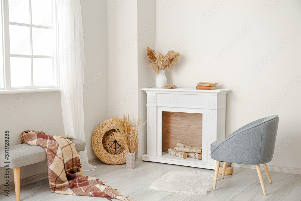 Interior of modern room with fireplace