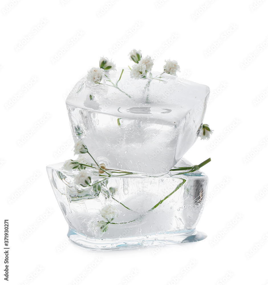 Frozen flowers in ice on white background