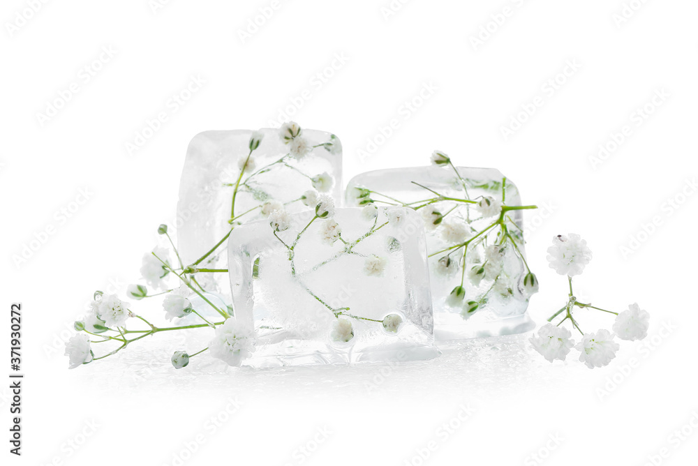 Frozen flowers in ice on white background