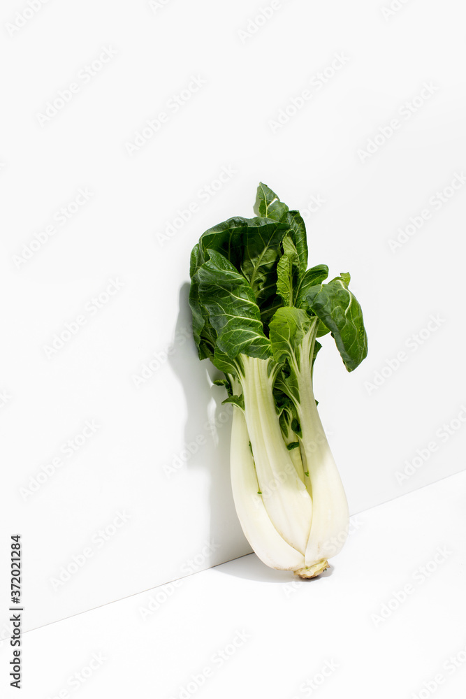 新鲜的生Bok Choy站在墙上投下阴影