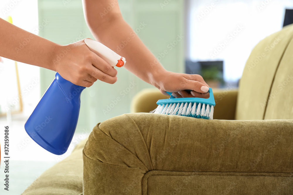 Dry cleaners employee removing dirt from sofa in house