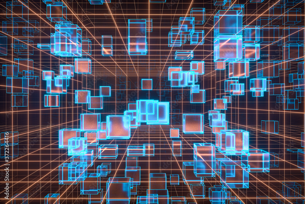 具有几何立方体的网络空间隧道，三维渲染。