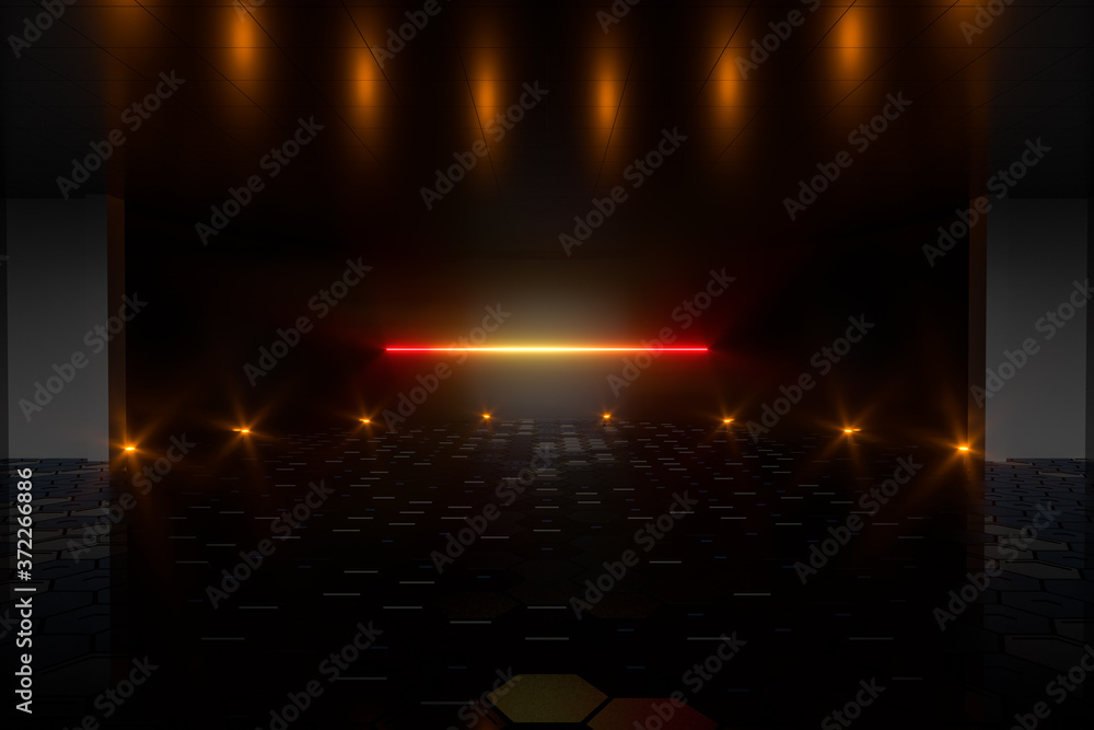 Gradient glowing lines with dark stage background, 3d rendering.