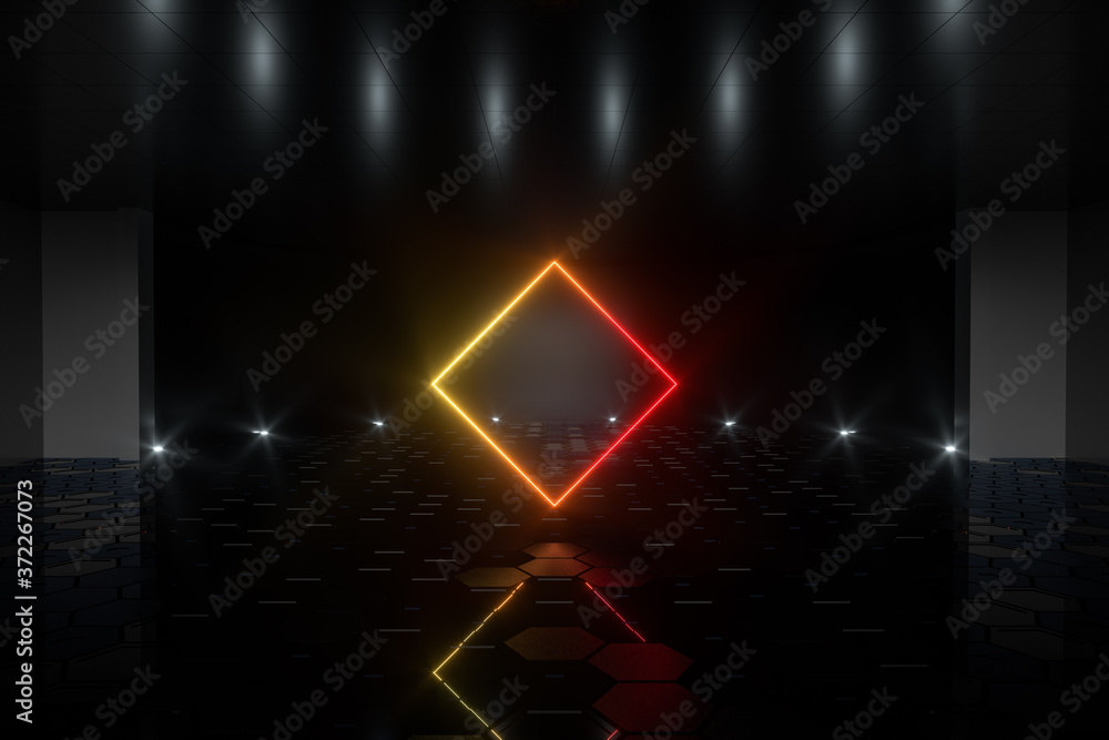 Gradient glowing lines with dark stage background, 3d rendering.