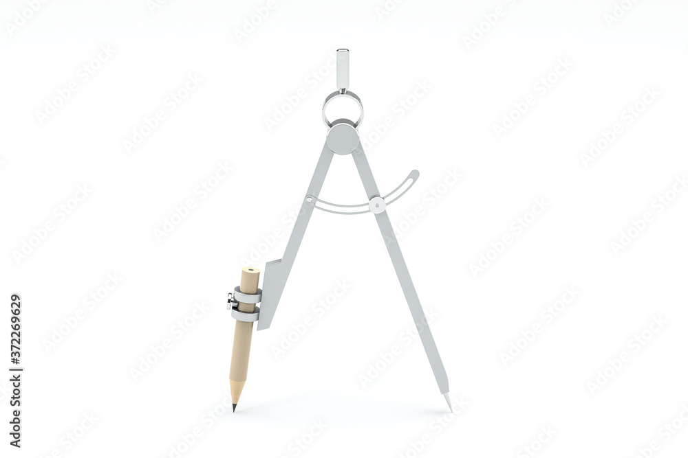 Compasses with white background, tools for drawing, 3d rendering.