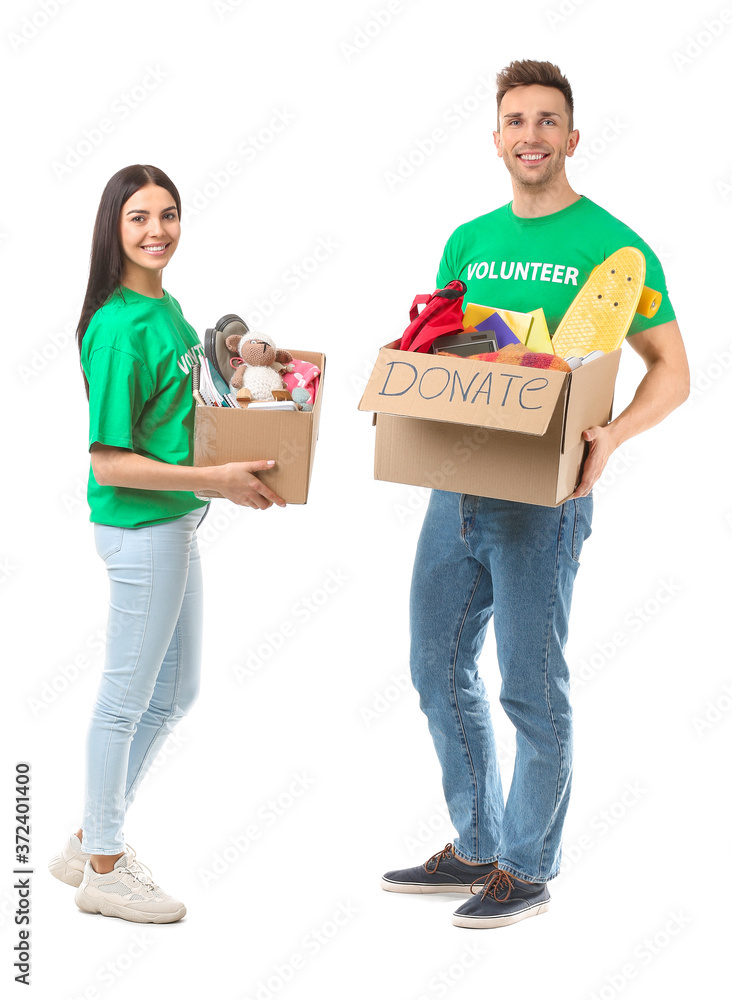 Volunteers with donations for orphans on white background