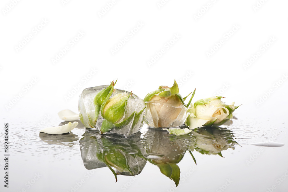 Frozen flowers in ice on white background