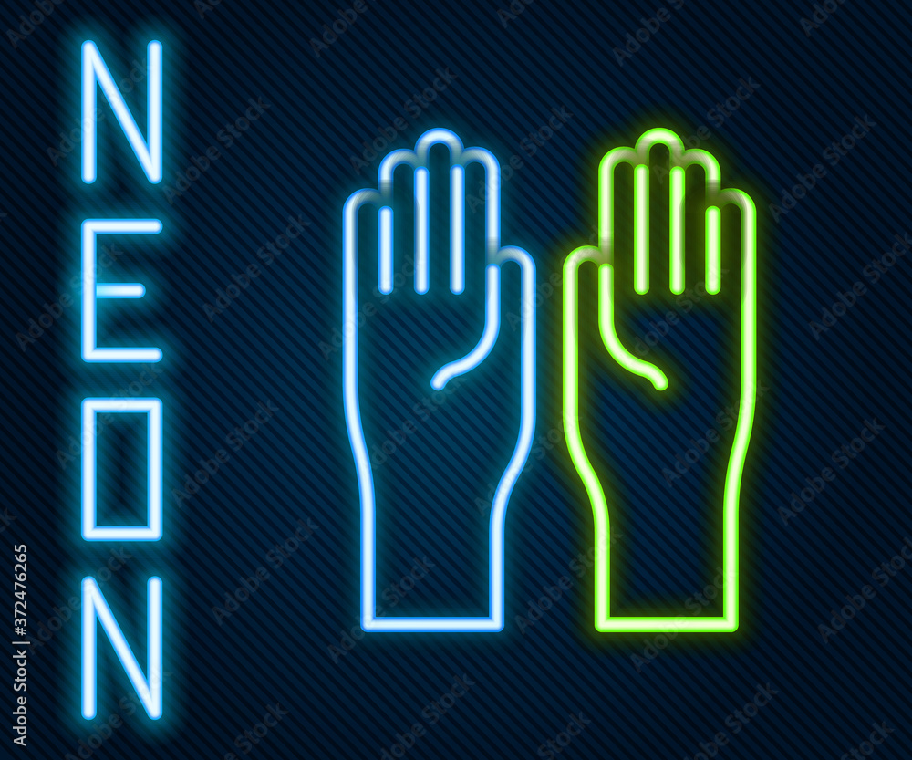 Glowing neon line Rubber gloves icon isolated on black background. Latex hand protection sign. House