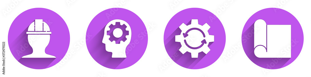 Set Worker safety helmet, Human head with gear inside, Gear and arrows as workflow and Graphing pape