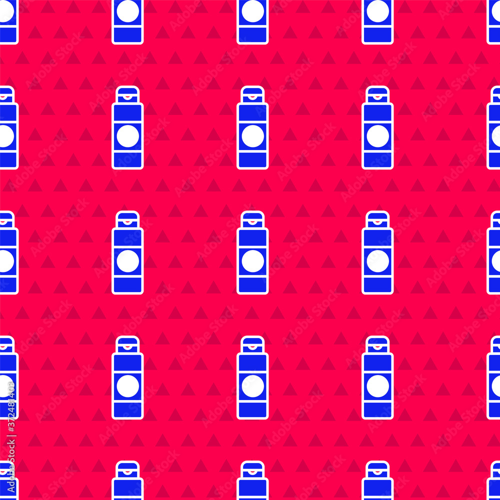 Blue Cream or lotion cosmetic tube icon isolated seamless pattern on red background. Body care produ