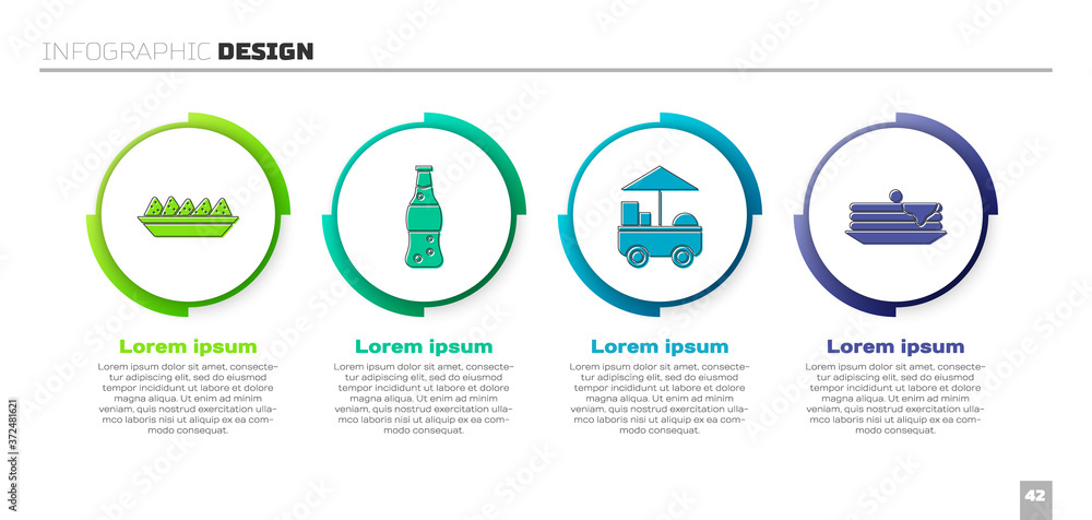 Set Nachos in plate, Bottle of water, Fast street food cart and Stack of pancakes. Business infograp