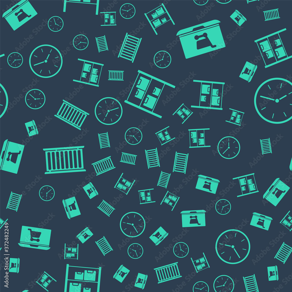 Set Warehouse, Shopping cart on laptop, Container and Clock on seamless pattern. Vector.