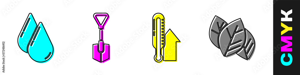 设置水滴、铲子、气象温度计和树叶图标。矢量。